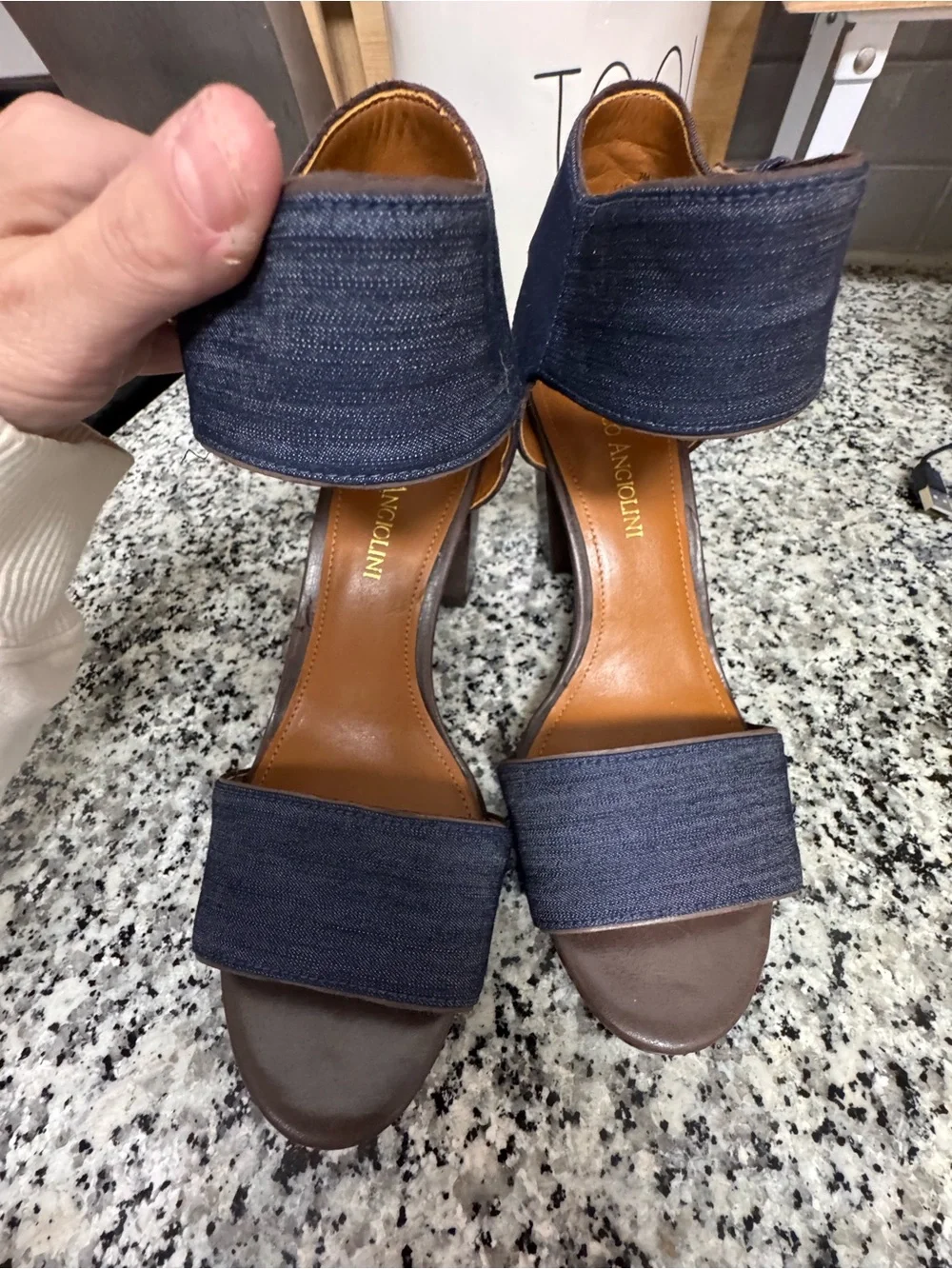 Enzo Angiolini Denim Strap Block Heel Sandals - Navy and Brown